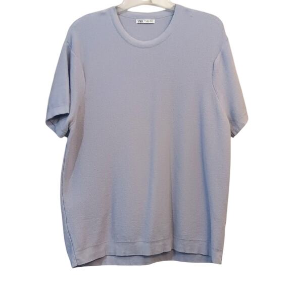 ZARA Textured Knit 2 Piece Set Pants Short Sleeve Top Size L Stretch Blue Purple - Picture 3 of 14